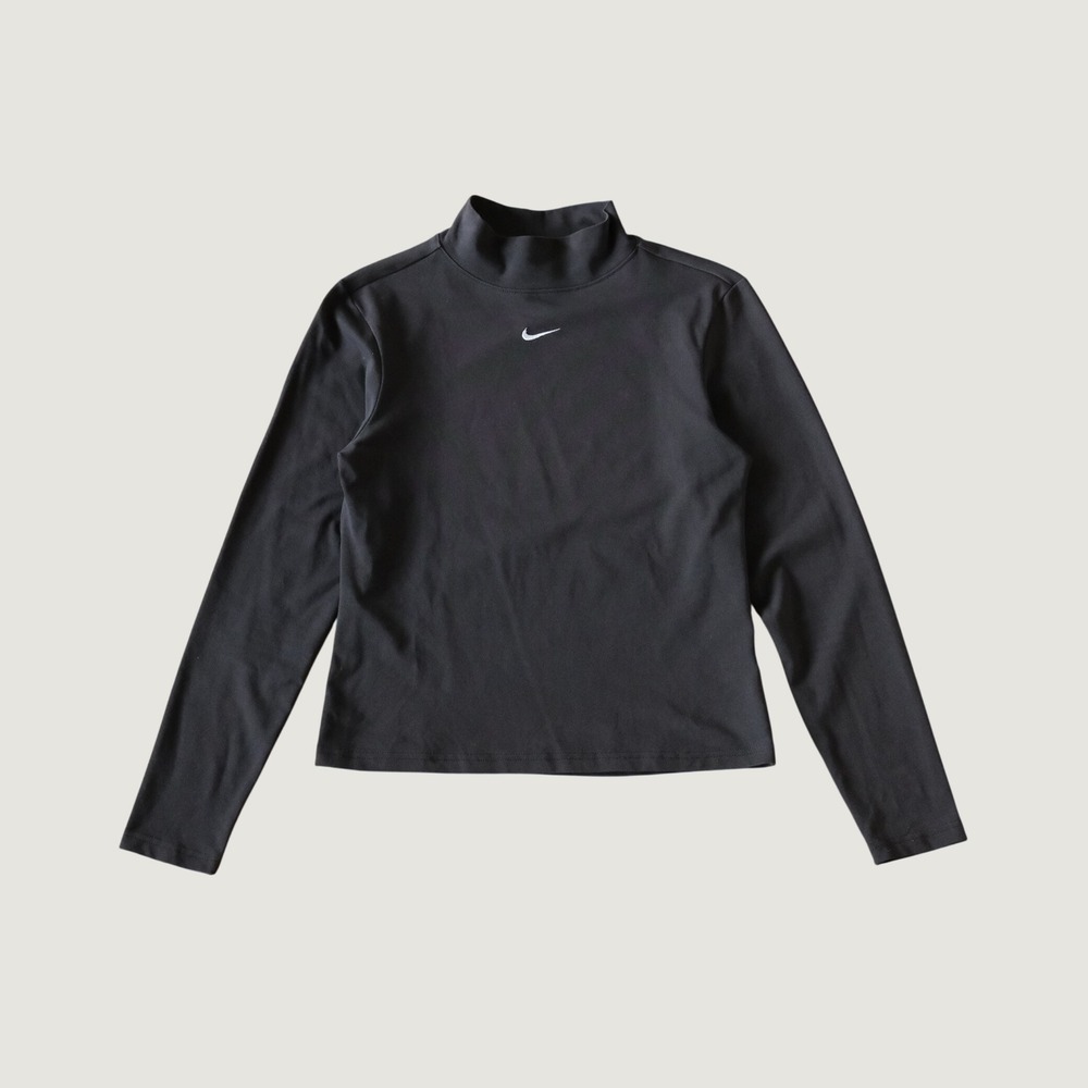Nike Mock Neck Long Sleeve Top Black Embroidered Center Swoosh Size M Y2K